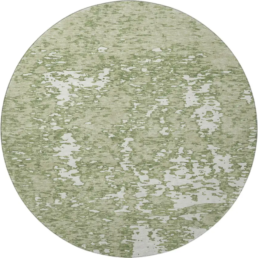 8' Artichoke Green And Ivory Abstract Washable Round Rug With UV Protection Photo 3