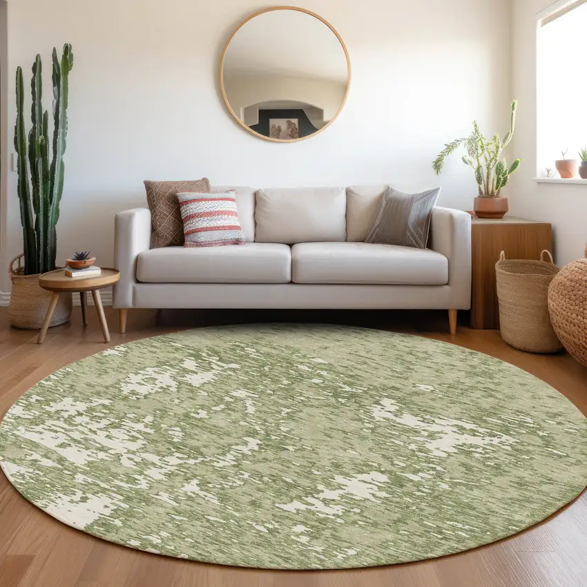 8' Artichoke Green And Ivory Abstract Washable Round Rug With UV Protection Photo 4
