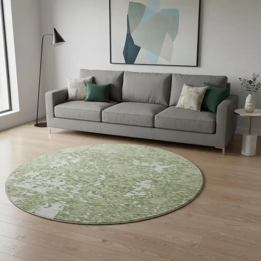 8' Artichoke Green And Ivory Abstract Washable Round Rug With UV Protection Photo 2