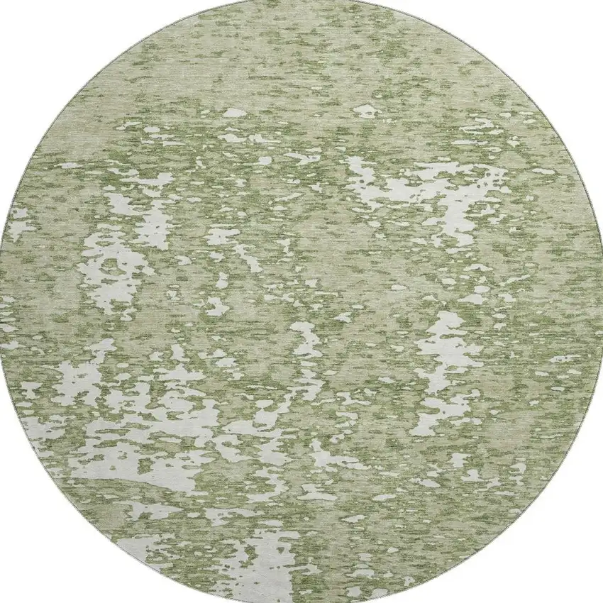 8' Artichoke Green And Ivory Abstract Washable Round Rug With UV Protection Photo 2