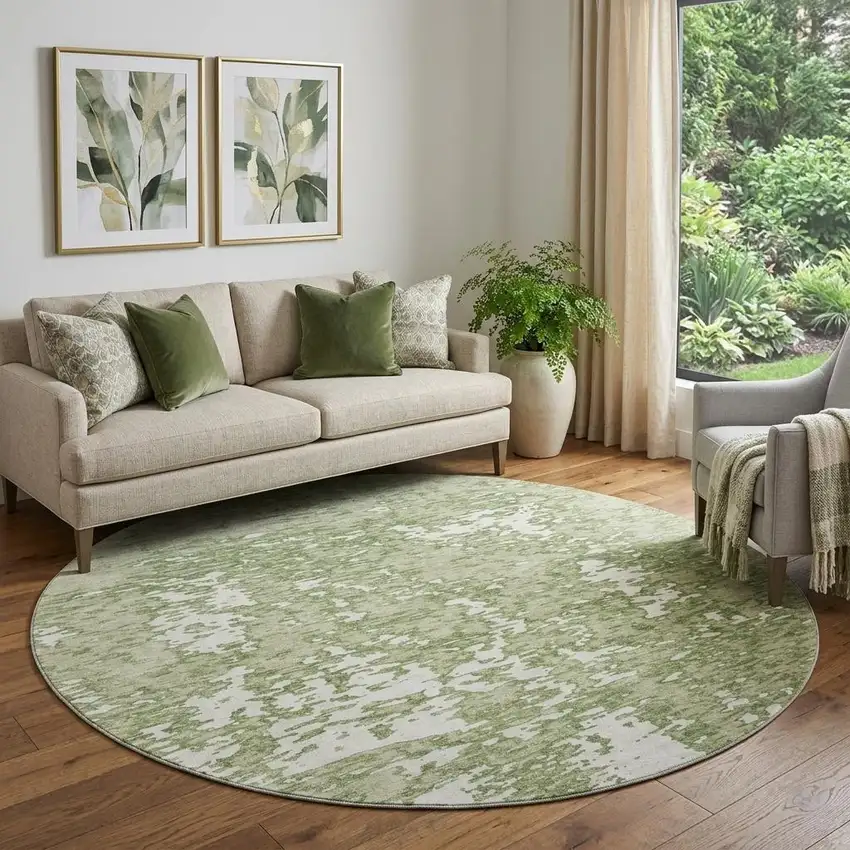 8' Artichoke Green And Ivory Abstract Washable Round Rug With UV Protection Photo 1
