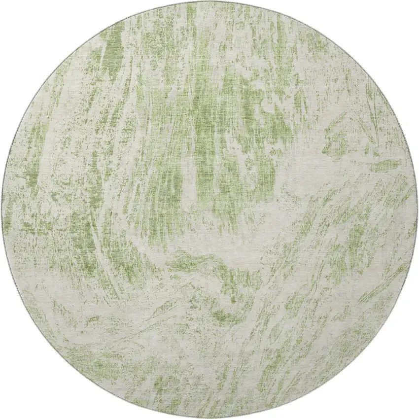 8' Artichoke Green And Ivory Abstract Washable Round Rug With UV Protection Photo 3