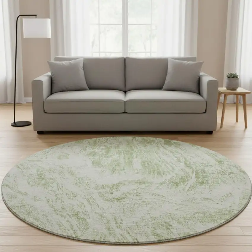 8' Artichoke Green And Ivory Abstract Washable Round Rug With UV Protection Photo 2