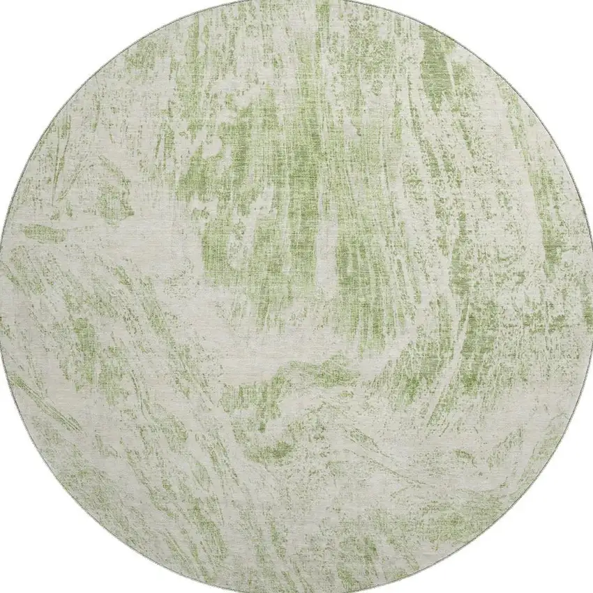 8' Artichoke Green And Ivory Abstract Washable Round Rug With UV Protection Photo 2