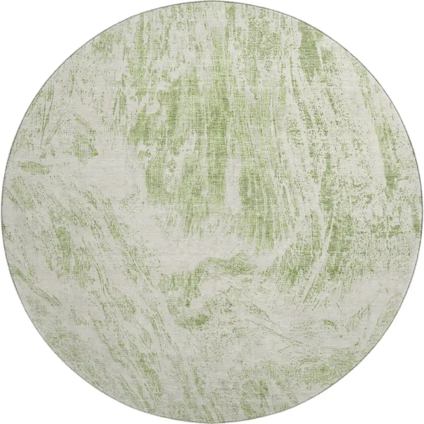 8' Artichoke Green And Ivory Abstract Washable Round Rug With UV Protection Photo 1