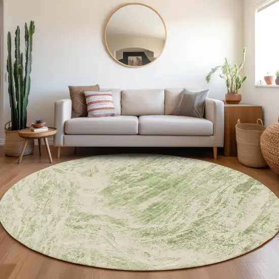 8' Artichoke Green And Ivory Abstract Washable Round Rug With UV Protection Photo 4