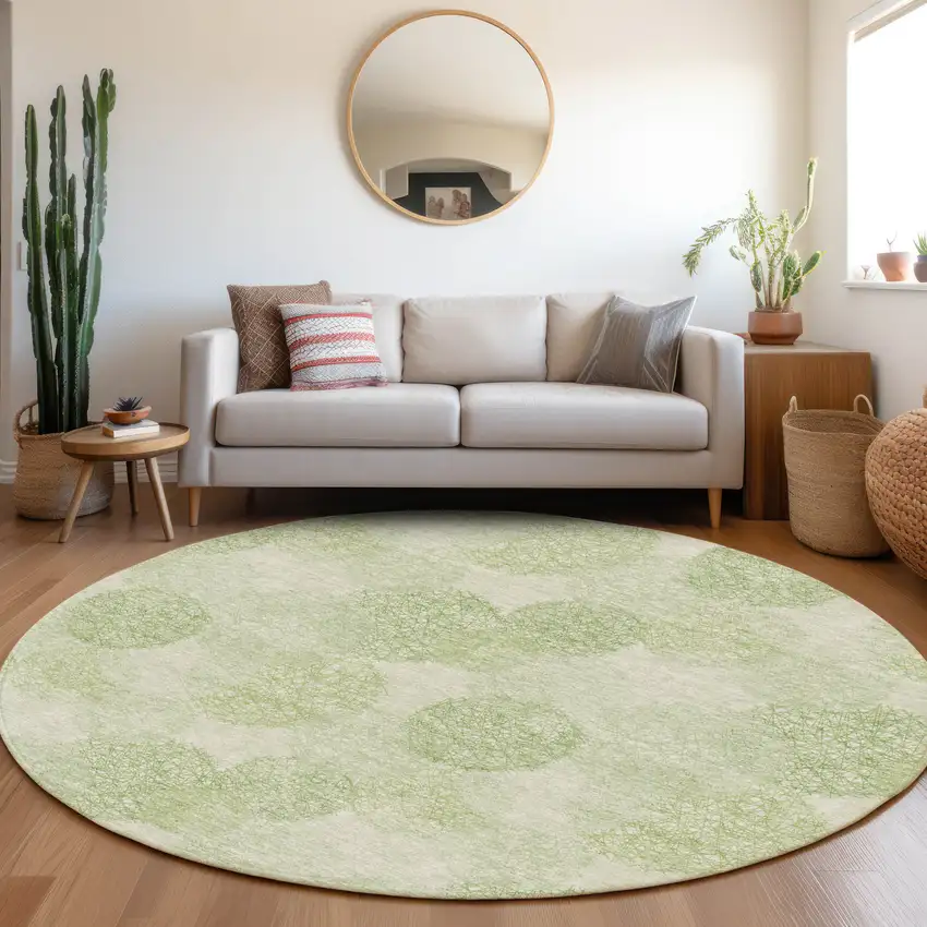8' Artichoke Green And Ivory Abstract Washable Round Rug With UV Protection Photo 3