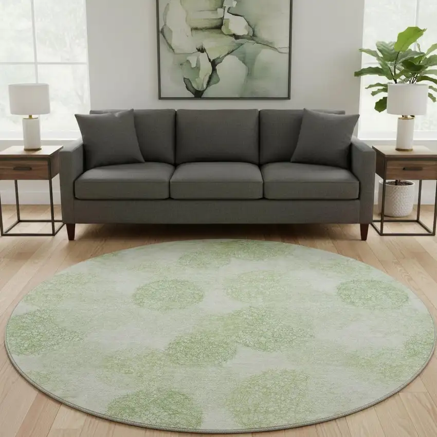 8' Artichoke Green And Ivory Abstract Washable Round Rug With UV Protection Photo 2