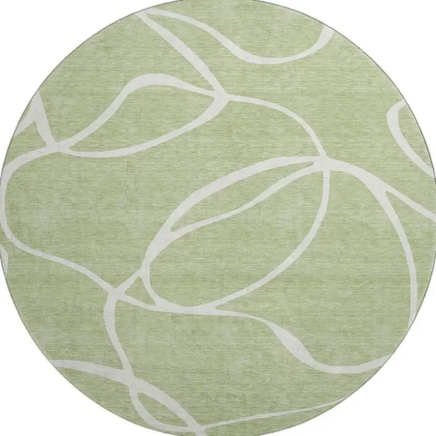 8' Artichoke Green And Ivory Abstract Washable Round Rug With UV Protection Photo 2