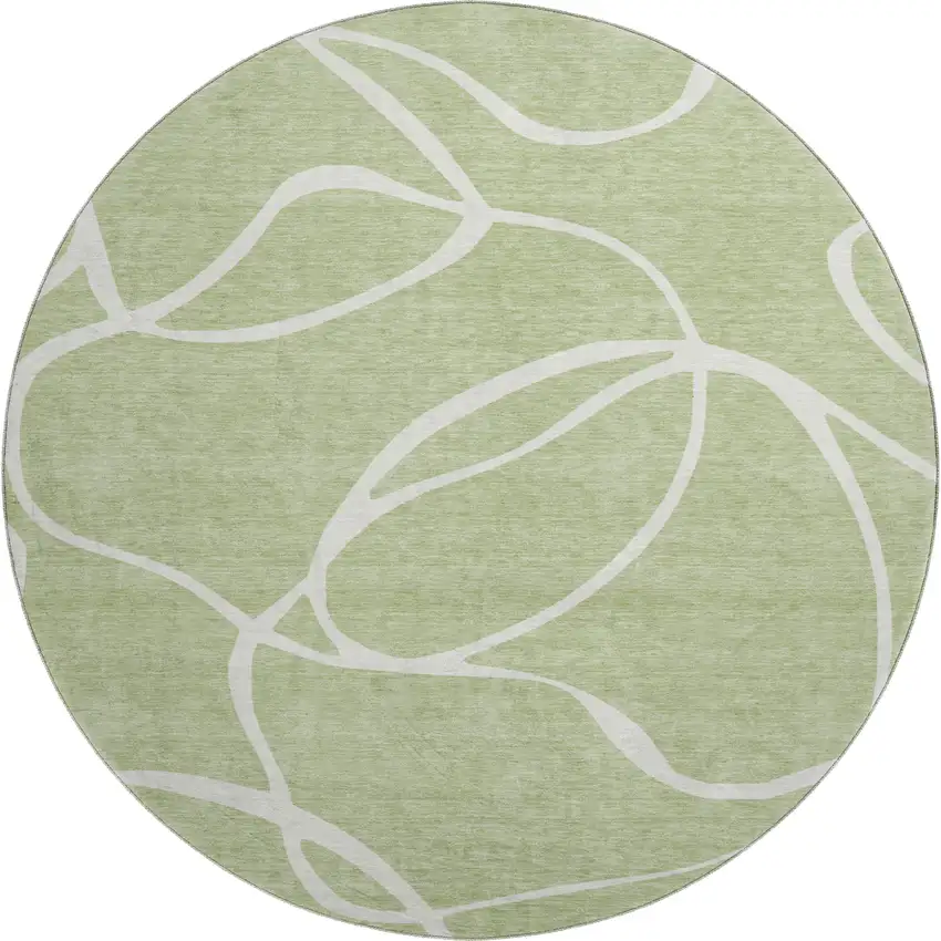 8' Artichoke Green And Ivory Abstract Washable Round Rug With UV Protection Photo 1