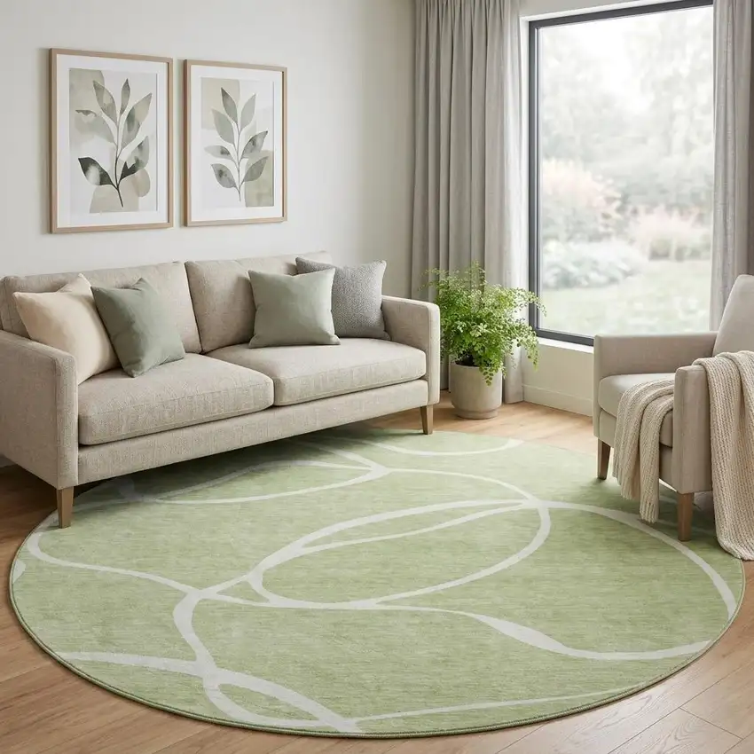 8' Artichoke Green And Ivory Abstract Washable Round Rug With UV Protection Photo 1