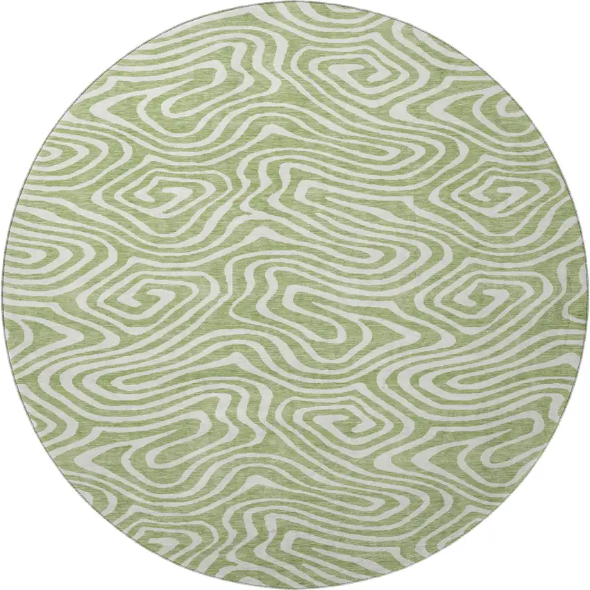 8' Artichoke Green And Ivory Abstract Washable Round Rug With UV Protection Photo 3