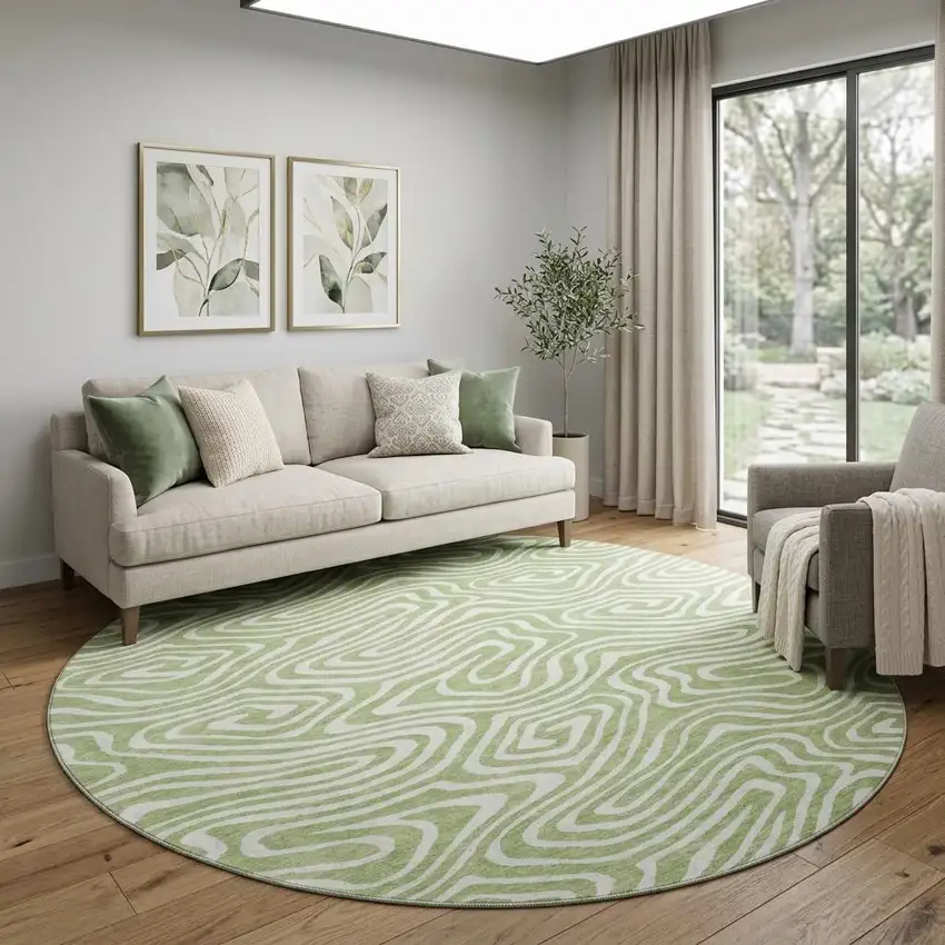 8' Artichoke Green And Ivory Abstract Washable Round Rug With UV Protection Photo 1
