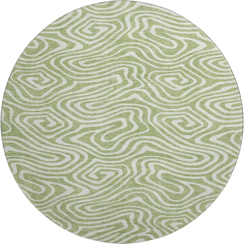 8' Artichoke Green And Ivory Abstract Washable Round Rug With UV Protection Photo 1