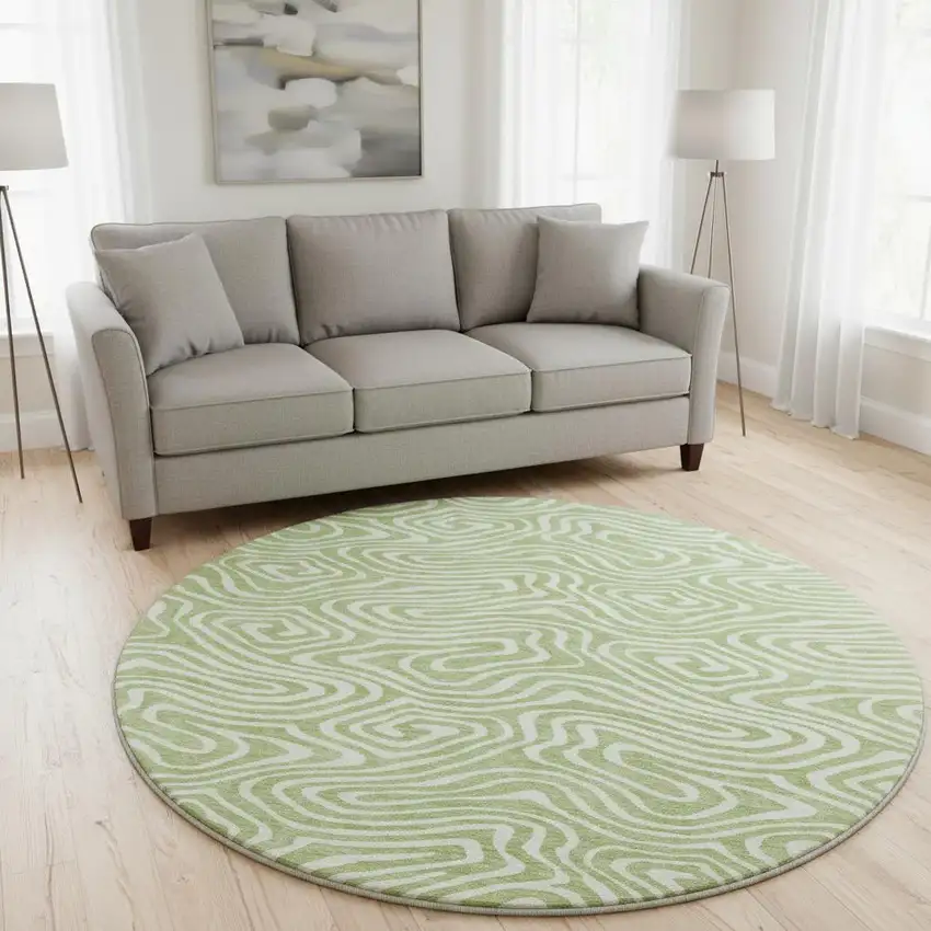 8' Artichoke Green And Ivory Abstract Washable Round Rug With UV Protection Photo 2