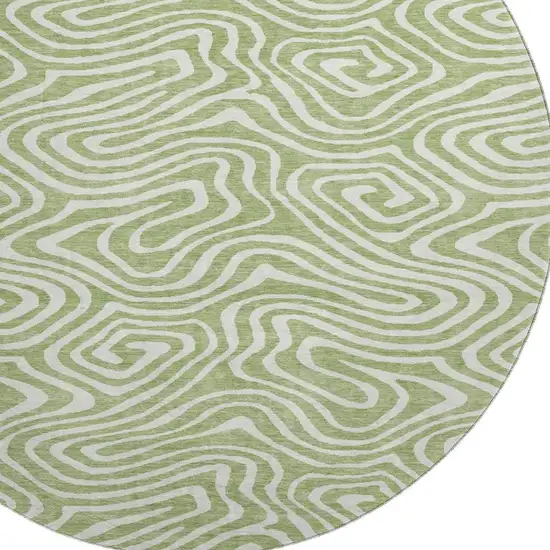8' Artichoke Green And Ivory Abstract Washable Round Rug With UV Protection Photo 2