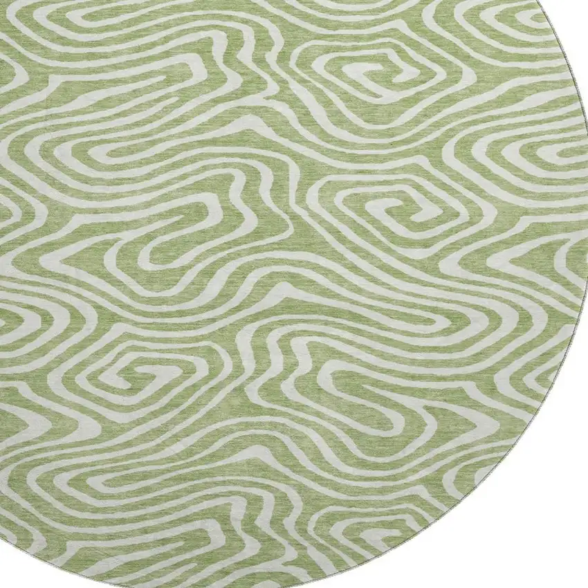 8' Artichoke Green And Ivory Abstract Washable Round Rug With UV Protection Photo 2