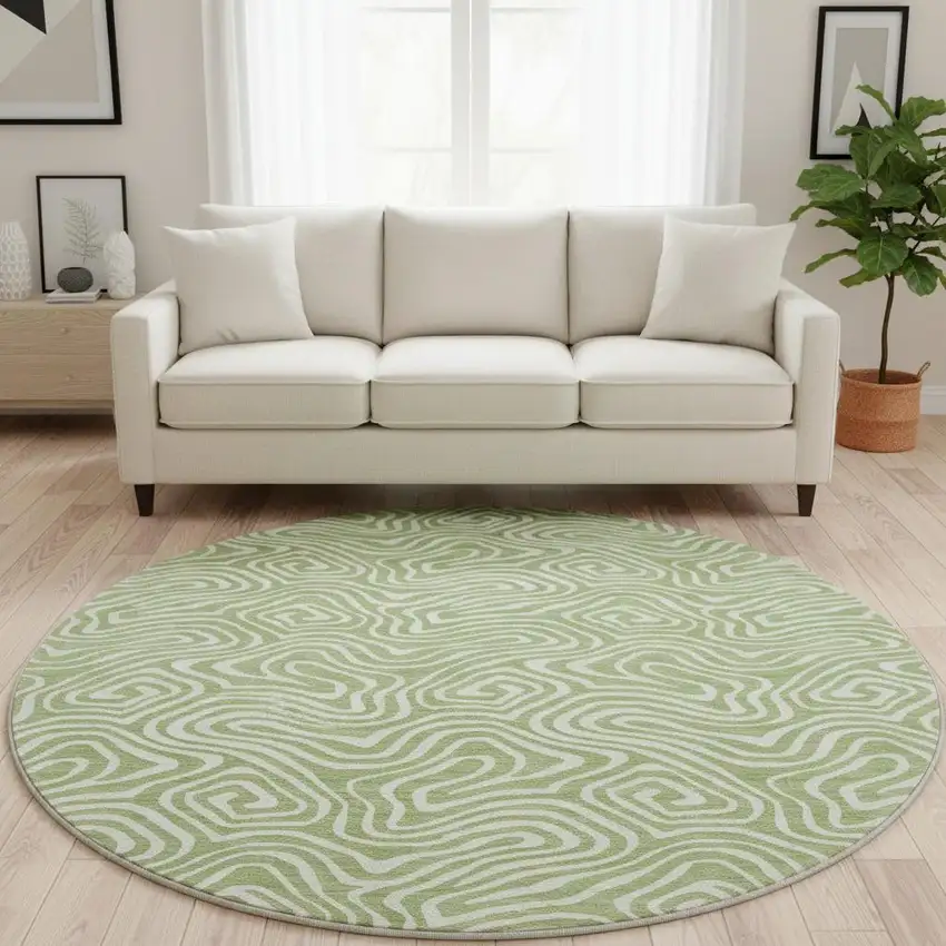 8' Artichoke Green And Ivory Abstract Washable Round Rug With UV Protection Photo 2