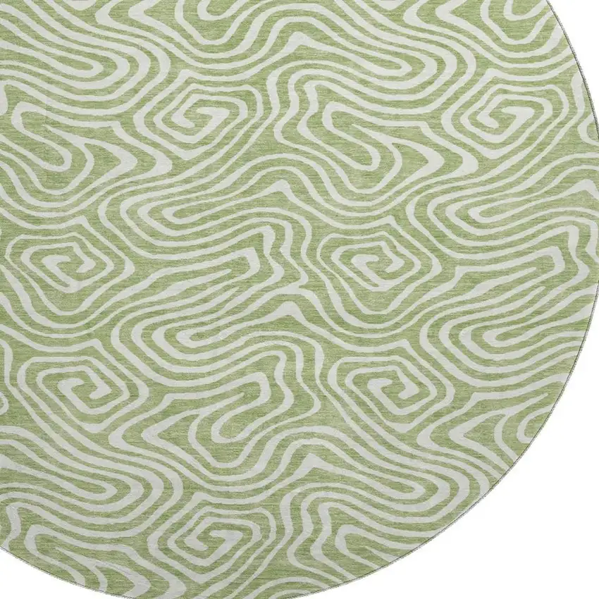 8' Artichoke Green And Ivory Abstract Washable Round Rug With UV Protection Photo 2