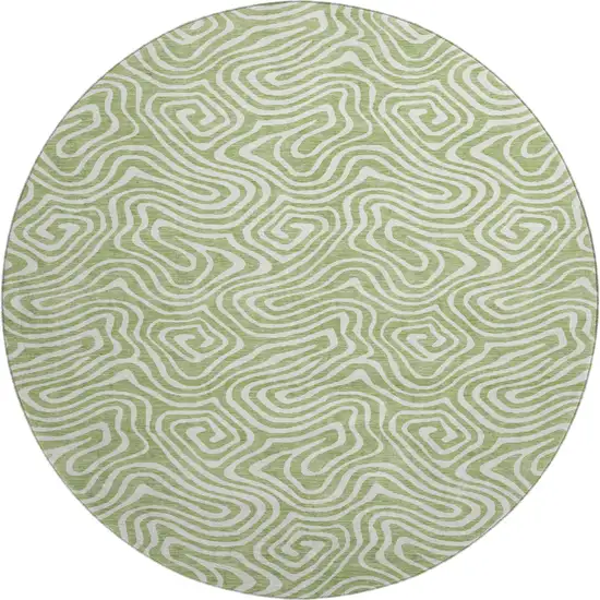 8' Artichoke Green And Ivory Abstract Washable Round Rug With UV Protection Photo 1