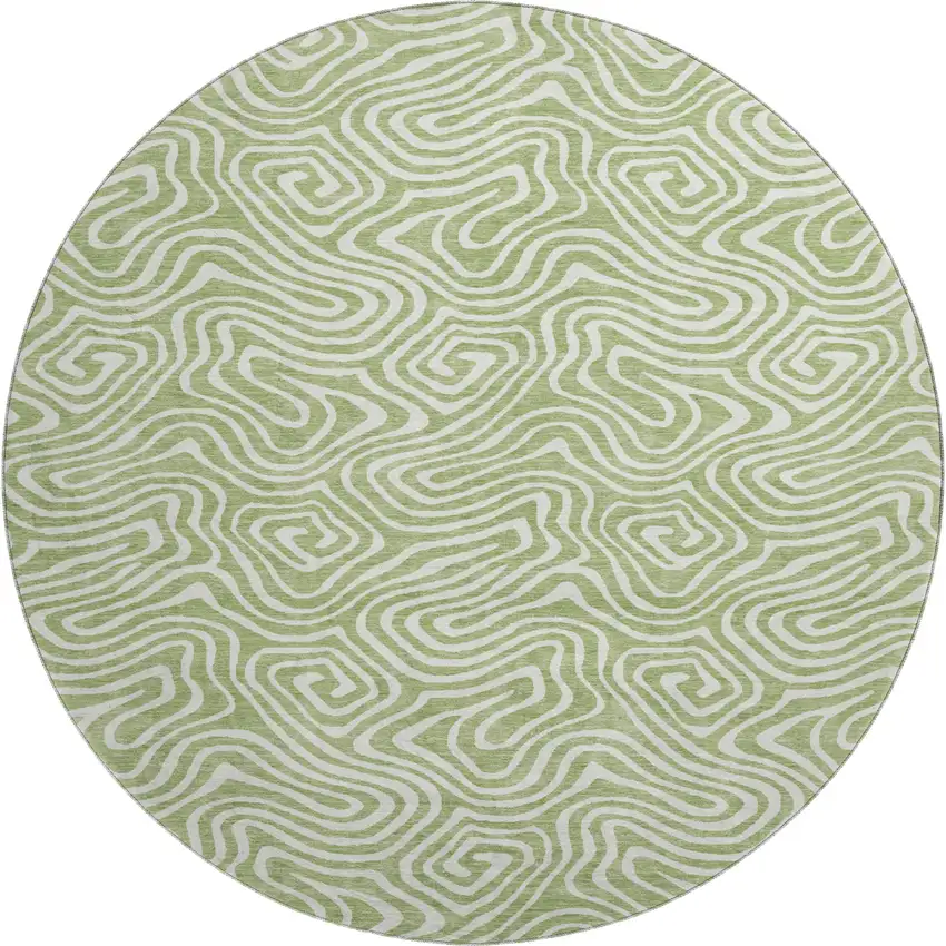 8' Artichoke Green And Ivory Abstract Washable Round Rug With UV Protection Photo 1