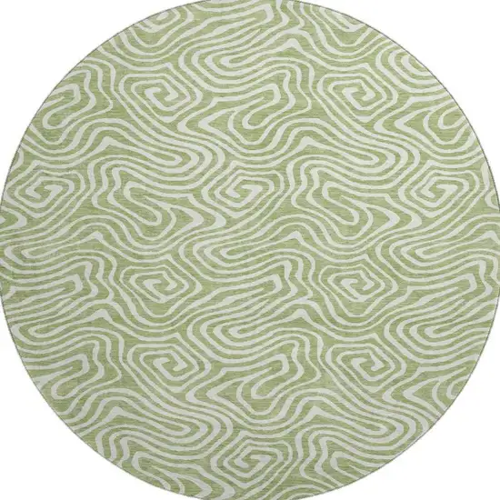 8' Artichoke Green And Ivory Abstract Washable Round Rug With UV Protection Photo 3
