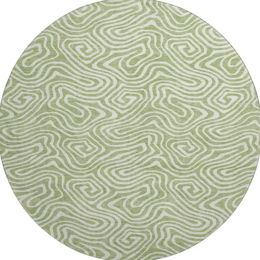 8' Artichoke Green And Ivory Abstract Washable Round Rug With UV Protection Photo 3