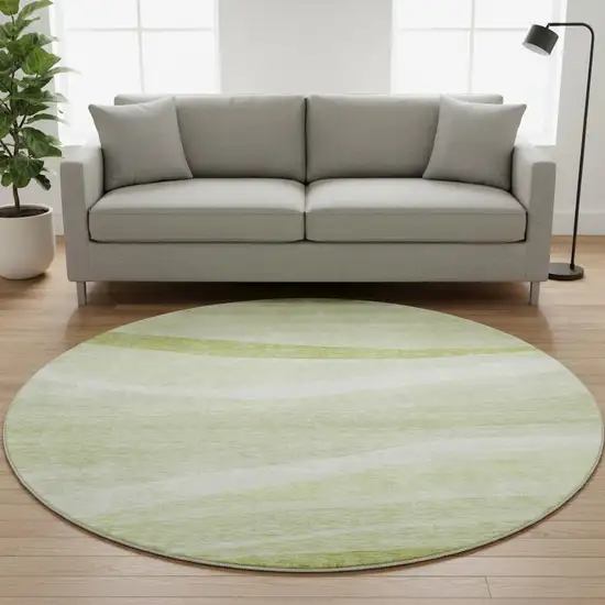 8' Artichoke Green And Ivory Abstract Washable Round Rug With UV Protection Photo 2