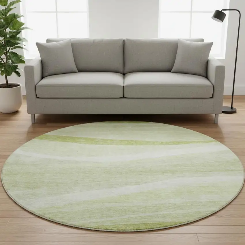 8' Artichoke Green And Ivory Abstract Washable Round Rug With UV Protection Photo 2