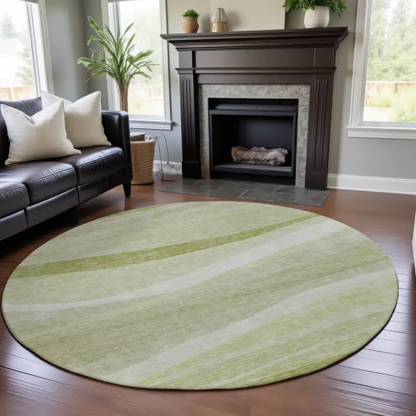 8' Artichoke Green And Ivory Abstract Washable Round Rug With UV Protection Photo 4