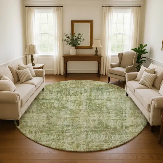 8' Artichoke Green And Ivory Abstract Washable Round Rug With UV Protection Photo 4