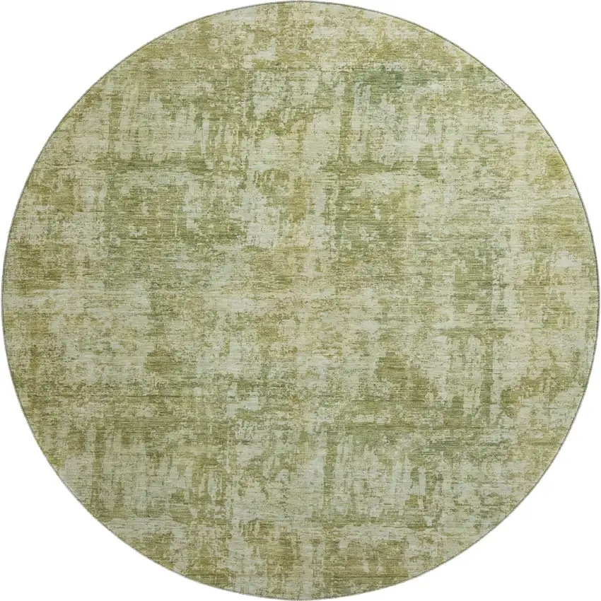 8' Artichoke Green And Ivory Abstract Washable Round Rug With UV Protection Photo 1