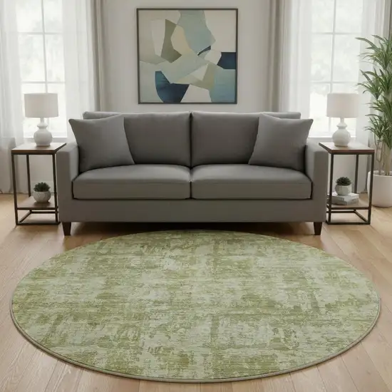 8' Artichoke Green And Ivory Abstract Washable Round Rug With UV Protection Photo 2