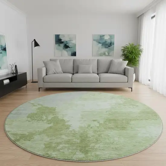 8' Artichoke Green And Ivory Abstract Washable Round Rug With UV Protection Photo 2