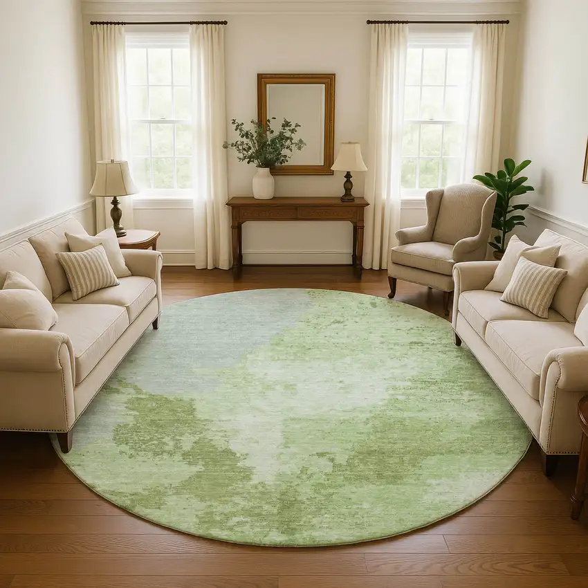 8' Artichoke Green And Ivory Abstract Washable Round Rug With UV Protection Photo 4
