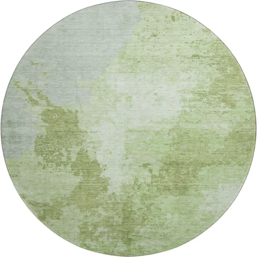 8' Artichoke Green And Ivory Abstract Washable Round Rug With UV Protection Photo 1