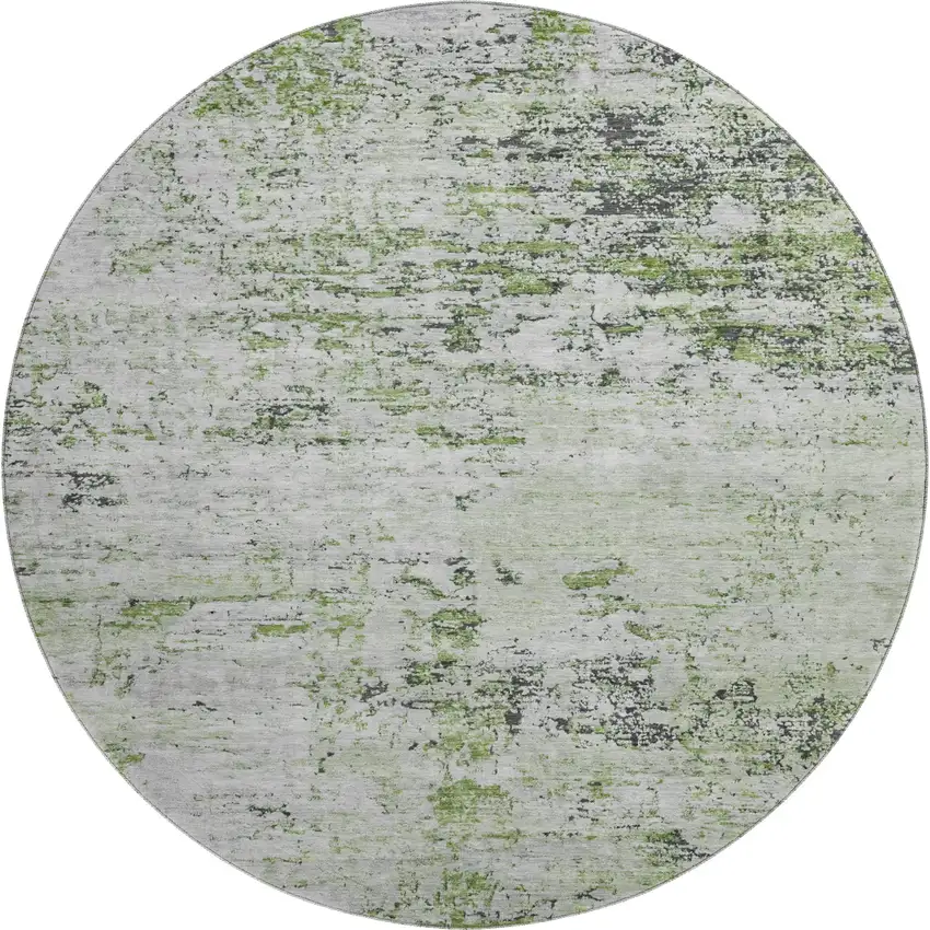 8' Artichoke Green And Ivory Abstract Washable Round Rug With UV Protection Photo 1