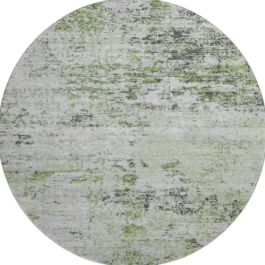 8' Artichoke Green And Ivory Abstract Washable Round Rug With UV Protection Photo 3