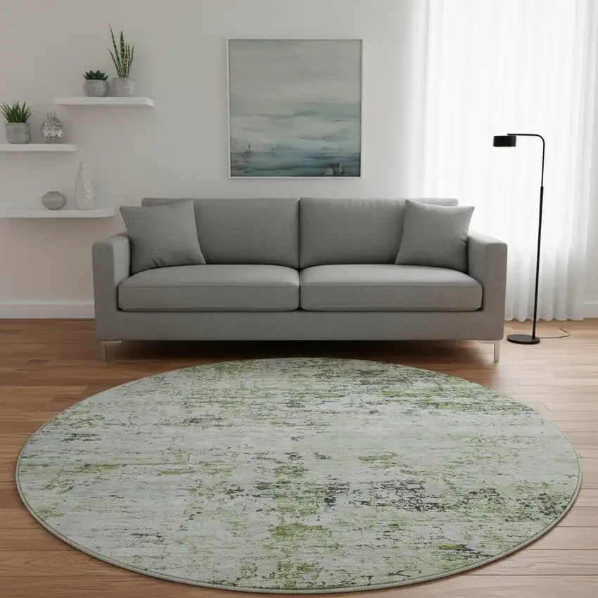 8' Artichoke Green And Ivory Abstract Washable Round Rug With UV Protection Photo 2