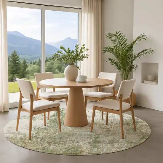 8' Artichoke Green And Ivory Abstract Washable Round Rug With UV Protection Photo 4