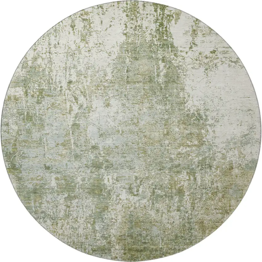 8' Artichoke Green And Ivory Abstract Washable Round Rug With UV Protection Photo 3