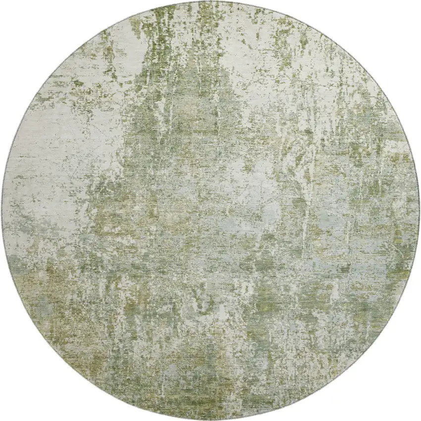 8' Artichoke Green And Ivory Abstract Washable Round Rug With UV Protection Photo 1