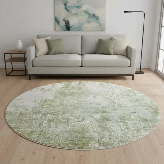 8' Artichoke Green And Ivory Abstract Washable Round Rug With UV Protection Photo 2