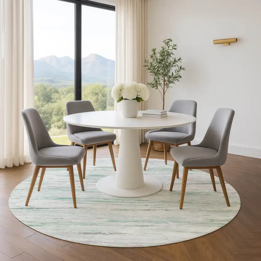 8' Artichoke Green And Ivory Abstract Washable Round Rug With UV Protection Photo 4