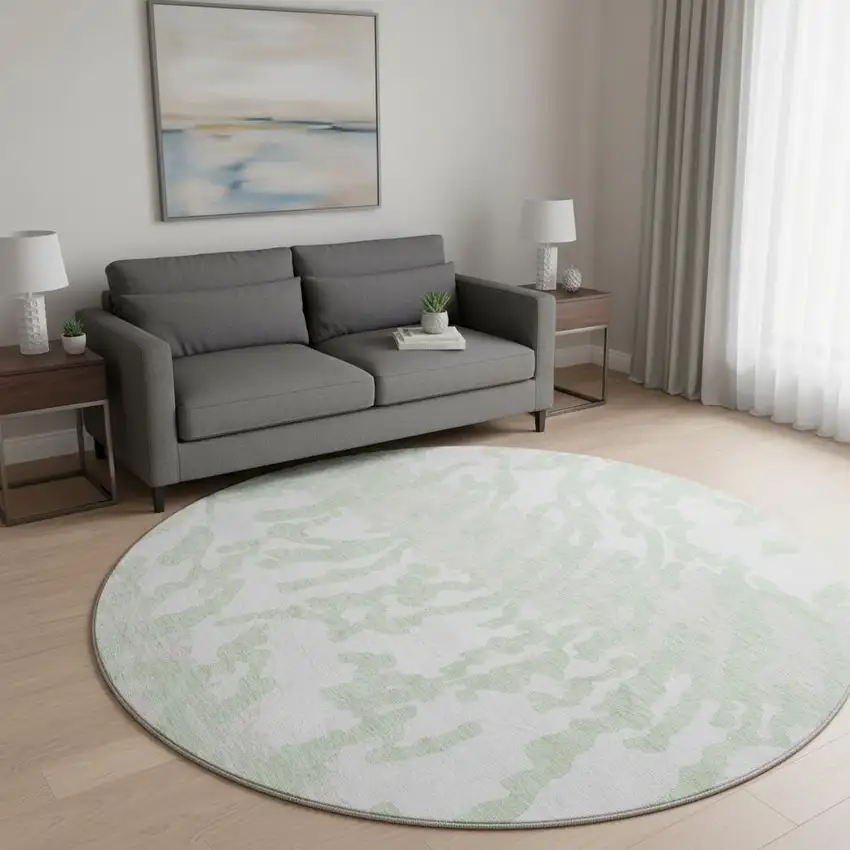 8' Artichoke Green And Ivory Animal Print Washable Round Rug With UV Protection Photo 2