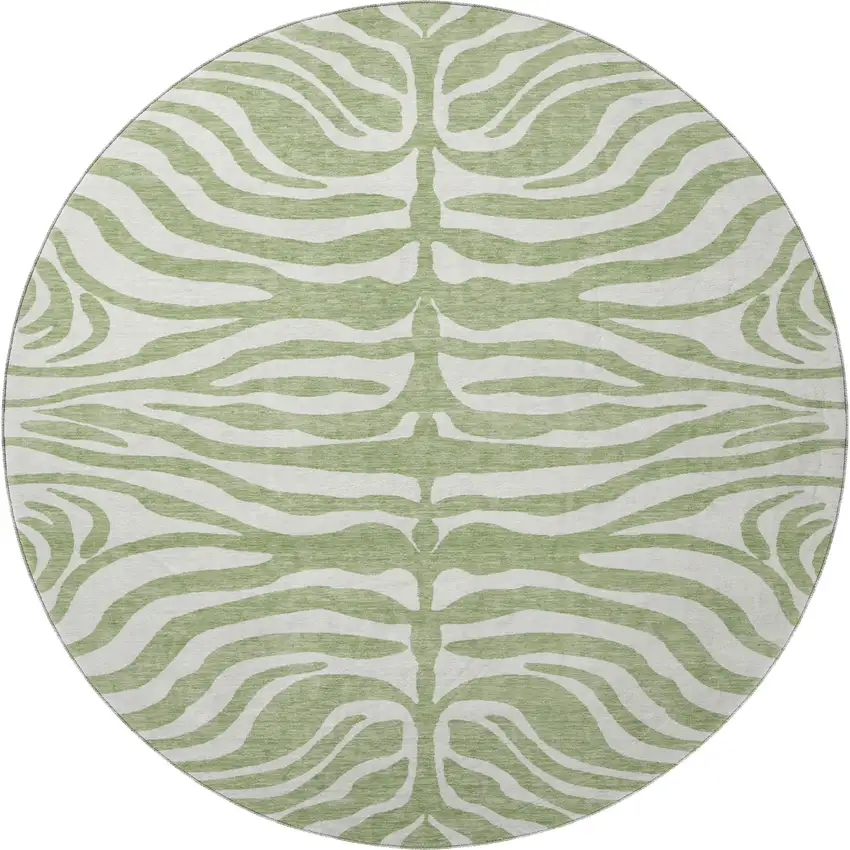8' Artichoke Green And Ivory Animal Print Washable Round Rug With UV Protection Photo 3