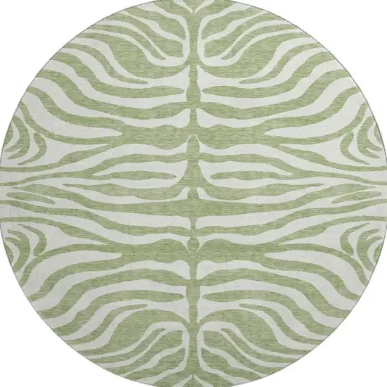8' Artichoke Green And Ivory Animal Print Washable Round Rug With UV Protection Photo 2