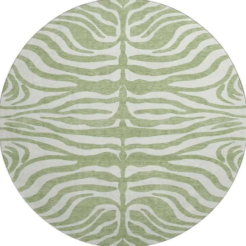 8' Artichoke Green And Ivory Animal Print Washable Round Rug With UV Protection Photo 2