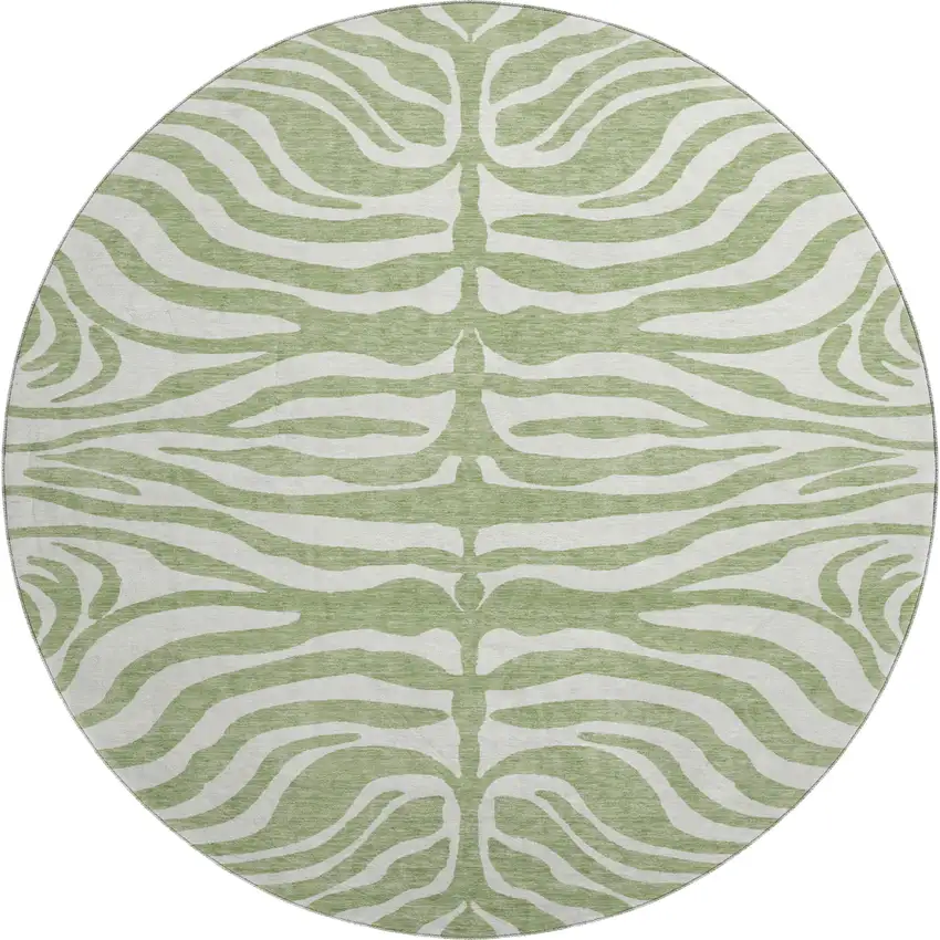 8' Artichoke Green And Ivory Animal Print Washable Round Rug With UV Protection Photo 1