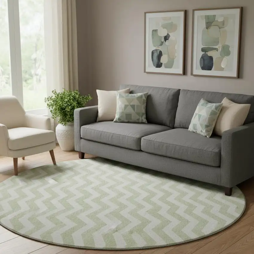 8' Artichoke Green And Ivory Chevron Washable Round Rug With UV Protection Photo 1